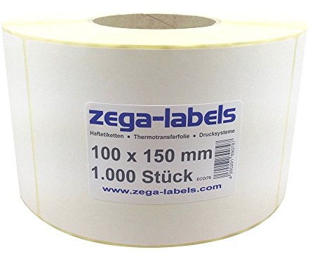 zega-labels Thermo Etiketten - 100 x 150 mm - 1.000 Stück je Rolle - Kern Ø 76 mm - Versandetiketten stark haftend - mit Perforation - Druckverfahren: Thermodirekt (Verwendung ohne Farbband)