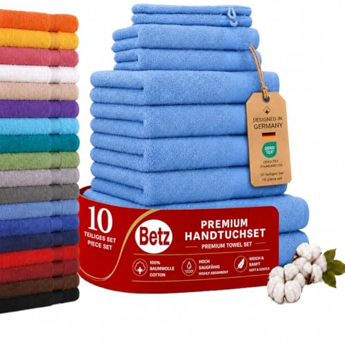 Betz Premium Handtuch-Set mit 10 Teilen – 100% Baumwolle, 4 Handtücher 50 x 100 cm, 2 große Duschtücher 70x140 cm, 2 Gästetücher 30 x 50 cm, 2 Waschhandschuhe, hellblau
