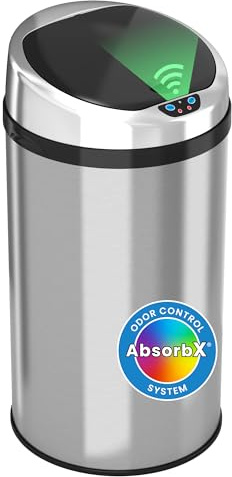 iTouchless 8 Gallon Touchless Sensor Kitchen Trash Can with Odor Control System, Stainless Steel, Round Garbage Bin for Home or Office