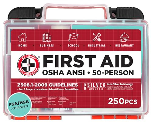 Be Smart Get Prepared OSHA/ANSI First Aid Kit - 50 Person, 250 Pieces - Designed for Home, Business, School, Industrial, and Restaurants - Compact & Portable