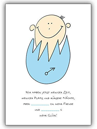 10 Stück Set: Ausfüll Geburtsanzeige mit fröhlichem Baby im Ei, blau • schöne Willkommens Grußkarte, Geburts Anzeigen Klappkarte um ihre Baby Geburt zu feiern, individuell
