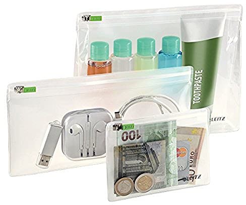Leitz 3er-Pack Zip-Beutel, Größen sortiert, XS, S und M, PVC, Complete), Farblos, 40100000