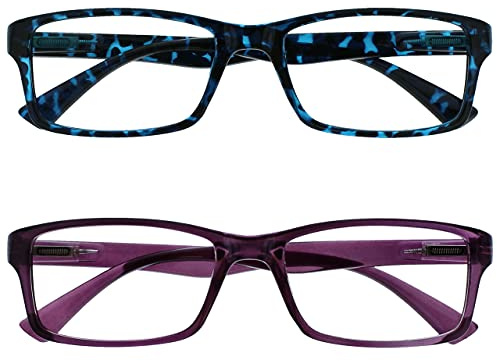 OPULIZE PEP Lesebrille für Damen und Herren - 2er-Pack - Große Rechteckige Brille - Komfortable Federscharniere - Kratzfest - Blau Lila - UVR +2.50