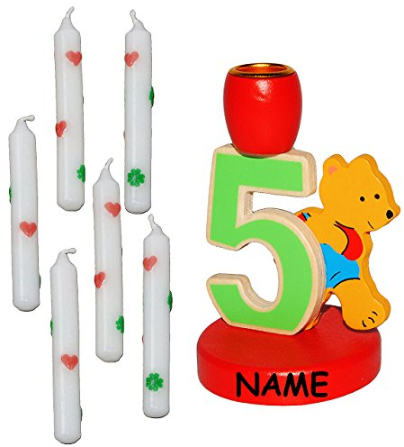 alles-meine.de GmbH Kerzenhalter - 5. Geburtstag - Teddy - aus Holz - incl. 6 Stück Kerzen + Name - Kerzenständer zum Aufstellen - Geburtstagszahl - Geburtstagskranz Kinderge..