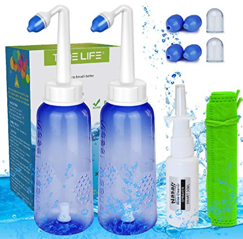 2PCS-PACK Sinus Rinse Bottle with 4 Sprayer + 1 Moisturizing Nasal Pump Sprays - 300ml 10oz Nasal Irrigation - Nasal Rinse Kit - Nose Cleaner - Yoga Neti Pot - for Adult and Child Nose Wash Clean