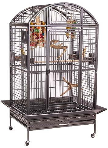 Montana Cages | Vogelvoliere Papageienkäfig Hacienda Dome, für kleine- & mittelgroße Papageien, inkl. Anflugklappe, 4 Lenkrollen, 4 Edelstahlnäpfe, Antik Edition, ca. 91 x 71 x 165 cm