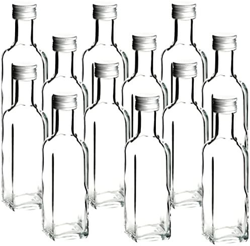 gouveo 12er Set Glasflasche 100 ml Maraska mit Schraubverschluss silberfarben - Kleine Flasche 0,1 l zum Befüllen - Leere Flasche eckig für Likör, Schnaps, Öl (MFET100S)