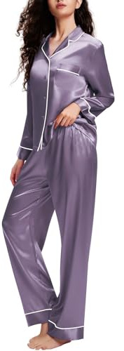LONXU Womens Silk Satin Pajamas Set Sleepwear Loungewear, L, Grey