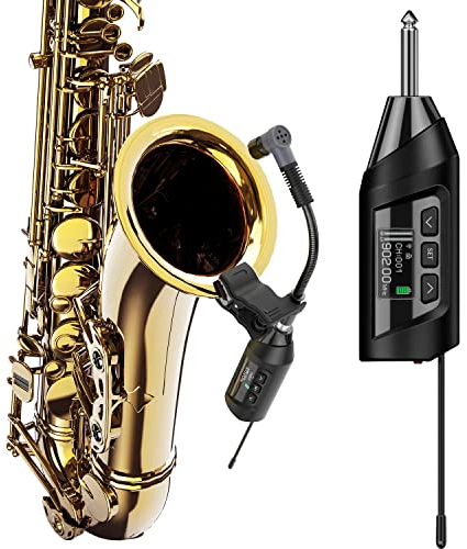 SGPRO Système de microphone pour saxophone sans fil, microphone à clipser pour saxophone et trompette, égaliseur préréglé et niveau d'écho, transmission de 50 m, émetteur et récepteur compact