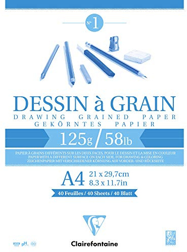 Clairefontaine 96684C Bloc Encollé Papier Dessin à Grain - 40 Feuilles Papier Dessin au Grain Marqué - A4 21x29,7 cm 125g - Idéal pour le Dessin et Croquis au Crayon, Feutre et Fusain