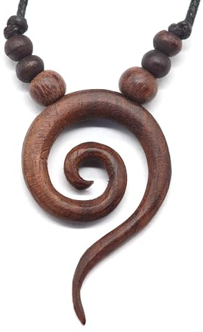 Drachensilber Spirale Holz Halskette Etho Kettenanhänger Boho mit längenverstellbarem Band – handgeschnitzter Anhänger Kette Holzschmuck – Symbolschmuck Damen Herren