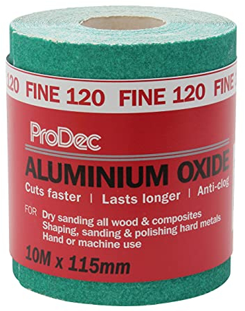 ProDec 10m Rotolo 120 Grit Grado fine Verde Ossido di alluminio Carta abrasiva per la levigatura di legno, vernice, gesso, stucco, metallo e altro, 115 mm di larghezza Carta abrasiva