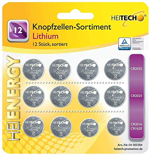 HEITECH 12er Pack Lithium Knopfzellen Batterie - 4× CR2032 / 4× CR2025 / 4× CR2016-3V Knopfbatterien auslaufsicher & mit Langer Haltbarkeit