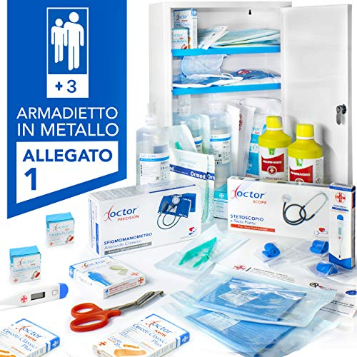 AIESI® Armadietto di pronto soccorso in metallo con ALLEGATO 1 per aziende più 3 dipendenti, Conforme DM388/DL81, Made in Italy
