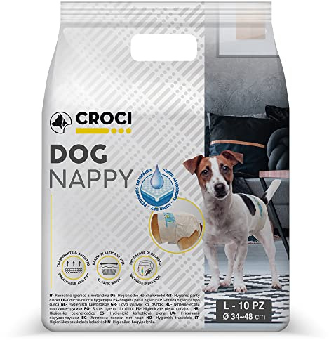 Croci Dog Nappy - Absorbent Pants for Female Dogs, Size L - Ø 34-48 cm, Hygienic Diaper for Heat Cycle and Pee, Odour Control, Disposable, Adjustable Adhesive Closure, 10 pcs