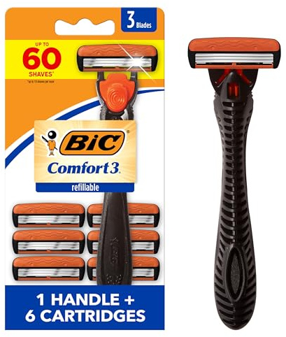 BIC Comfort 3 Men's Refillable 3-Blade Razors with 1 Handle and 6 Cartridges, Smooth Shave Kit for Men