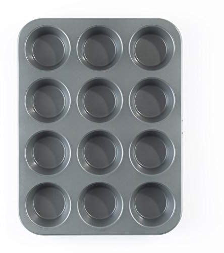 Prochef KB1003 Teflon Non-Stick Premium Coated 12 Cup Tray/Tin-Length 35cm x Width 27cm Carbon Steel for Muffins or Cupcakes-Silver, Black, 35 x 27 x 3cm
