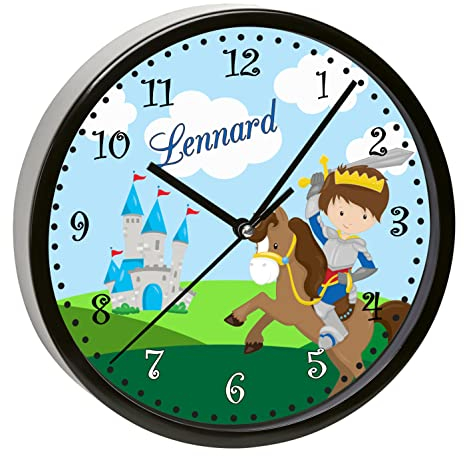 CreaDesign, Wanduhr Kinder personalisiert mit Name, Motiv Ritter, Rahmen Wanduhr schwarz, Ø 19,5 cm