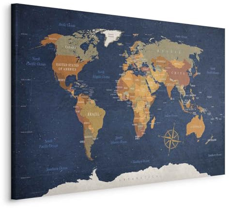 B&D XXL - Wandbilder XXL 120x80 cm 1 tlg - Wand Deko Vlies Leinwand Bilder Groß Wanddeko Wohnzimmer Schlafzimmer Kunstdrucke - Poster Weltkarte Welt Landkarte Kontinente k-C-0048-b-b