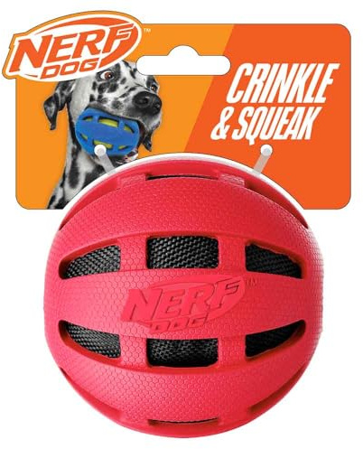 Nerf Dog Crunch and Squeak Rubber Ball Dog Toy, Medium/Large, Red by