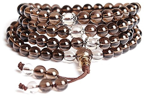 COAI 108 6mm Rauchquarz und Quarz Wickelarmband von Einfachem Stil 108 Halskette für Damen