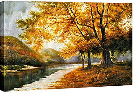 Wieco Art Giclee Canvas Prints Wall Art by Oil Paintings Reproduction Large Contemporary Autumn Trees Pictures for Living Room Bedroom Home Decorations Modern Wrapped Landscape Forest Artwork