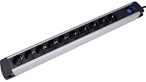 as - Schwabe 10-Fach Steckdosenleiste ALUX schwarz, IP20, 18360 | Mehrfachstecker mit 1,5 m Leitung - Überspannungsschutz - stabiles Aluminiumgehäuse - beleuchteter Schalter - Wandmontage