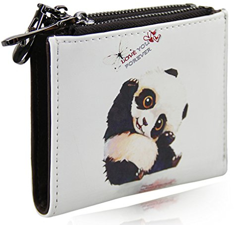 LY Leather Bifold Wallet with Double Zipper Pockets for Women Teenage Girl, Cartoon Animal Card Coin Purse, Money Clip (Panda)