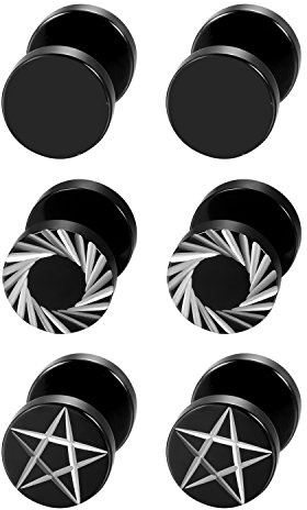 Aroncent svart rostfritt stål män kvinnor pentagram knoppörhängen piercade, falska mätare öronproppar tunnel illusion 6 st, Gummi