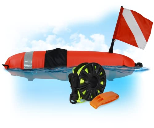 DiveSafe Torpedo Buoy Float for Scuba Diving, Spearfishing, Free Diving, Snorkeling and Swimming - Includes 11 Clips/Bands for Accessories, Dive Flag, High Visibility Reflective Band, and 100ft Line