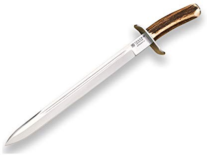 Joker Cuchillo deportivo Chamoís CC30 con puño de ciervo, hoja MOVA de 33 cm. con funda de cuero, 360 gramos, herramienta de pesca, caza, camping y senderismo