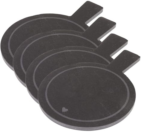 Westmark 4 Servierbretter/Naturschiefer-Platten zum Anrichten, mit Motiv, Griff und Kratzschutz, rund, Fläche: 19 x 14 cm, Schiefer, Tapas + Friends, Anthrazit, 697322ES