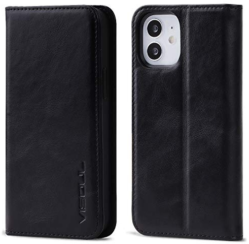 VISOUL iPhone 12 Mini Hülle,Stoßfeste Handyhülle [Echtleder] [RFID Schützt] [Kartenfach] [Magnet] [Standfunktion],TPU Schutzhülle Lederhülle für iPhone 12 Mini