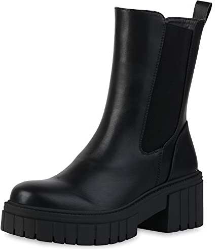 VAN HILL Damen Stiefeletten Plateau Boots Blockabsatz Schuhe Profilsohle Stiefel Leder-Optik Kurzschaft-Stiefel 201136 Schwarz 38
