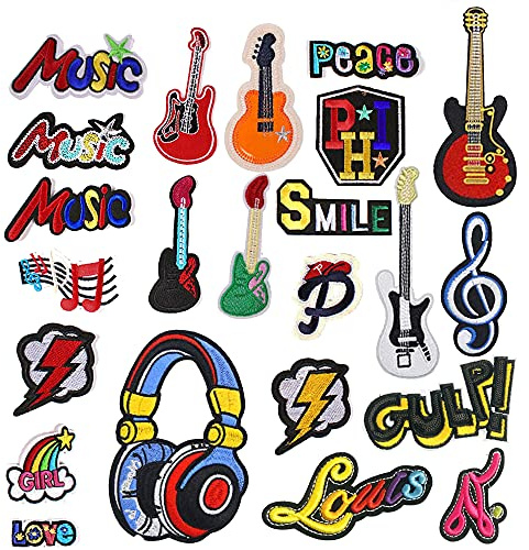 Woohome Musikstil Patch Zum Aufbügeln, 23 Stück Gemischter Gitarre Notiz Flicken Patches Applikation Patch Sticker Applikationen Dekoration Aufkleber für Dekoration DIY T-Shirt Hut Mantel