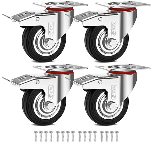 GBL Heavy Duty Swivel Casters with 4 Brakes + Screws - 75mm up to 200kg - 4 Pack No Floor Marks Silent Caster for Furniture - Rubber Coated Trolley Wheels - Silver Casters