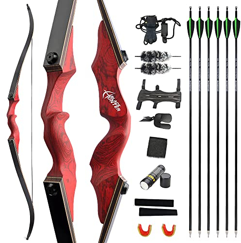 HNZMDY Bogenschießen Takedown Recurve Bogen Kit 60 Bogen und Pfeil Set 20-60LBS Traditioneller Langbogen Jagdbogen Holz Riser für Schießübungen im Freien (25lbs, Rot)