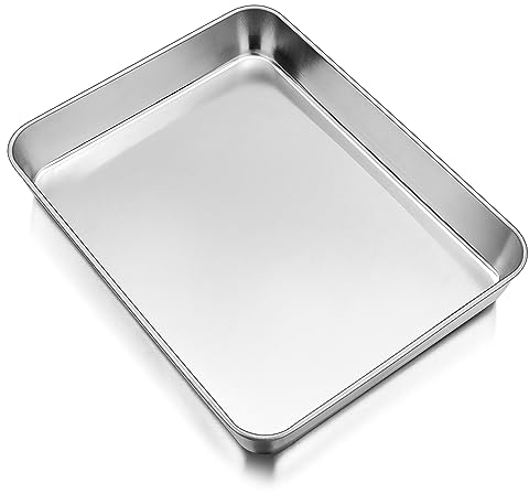 TEAMFAR Bandeja para hornear, bandeja para hornear profunda, bandeja para tartas de acero inoxidable, 26,5 x 20,5 x 4,7 cm, molde rectangular para tartas, lasaña/brownie, saludable, fácil de limpiar y