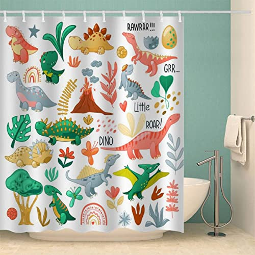 MOXINO Dinosaurier Duschvorhang Anti-Schimmel 240x200 cm Polyester Stoff Textil Waschbar Badewanne Badvorhang 3D Süßer Dino Shower Curtain Wasserdicht Badezimmer Vorhänge mit 12 Haken