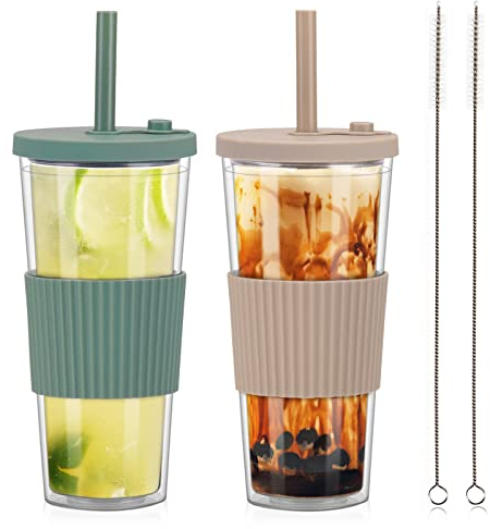 ZgoEC 24oz Eiskaffee Becher mit Deckel und Strohhalm, 2pcs Bubble Tea Becher mit Strohhalm, Doppelwandig Isoliert Plastikbecher, Wiederverwendbare Trinkbecher für Smoothie, Milchshakes, Geschenk