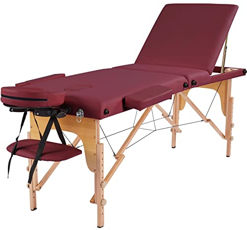Yaheetech 3-Zonen Massageliege Tragbare Massagebank Höhenverstellbarer Massagetisch mit Kopfstütze und Abnehmbare Armlehnen für Physiotherapie, Burgunderrot
