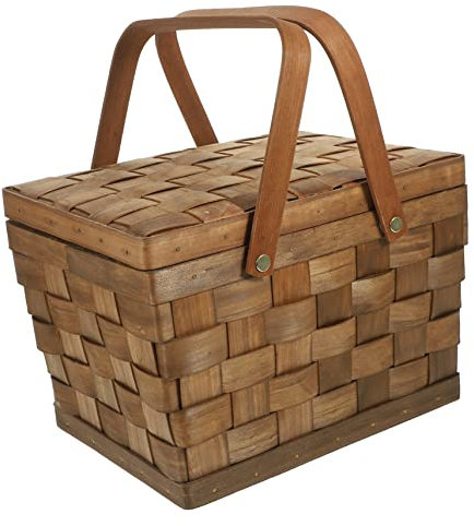ZAANU Picknickkorb aus Holz, Picknickkorb mit Deckel, Kaffee-Hängekorb aus Holz, Holzspäne/713 (Color : Coffee, Size : 27.5X20X19CM)