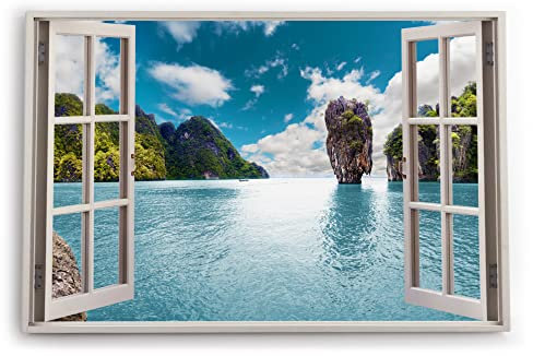 Paul Sinus Bilder Fensterblick 120x80cm Insel in Thailand Meer Sonnenschein Felsen Berge Kunstdruck Wanddeko Wand Wohnzimmer