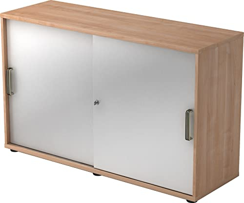 bümö Schiebetürenschrank 2OH - Aktenschrank abschließbar, Sideboard Schrank mit Schiebetüren in Nussbaum/Silber, Streifengriff - Büroschrank aus Holz mit Schiebetür, Büro Kommode für Ordner & Co.