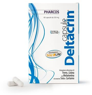 PHARCOS® Deltacrin 60 capsule - Integratore alimentare per alopecia con Ferro, Lisina, Melatonina ed estratti di Soia e Cartamo
