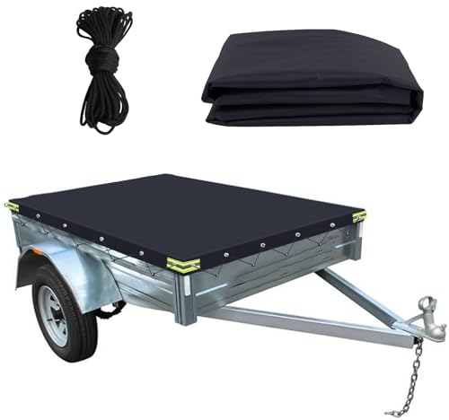 Anhängerplane Flachplane Wasserdicht 211x116x11cm, Aktualisierung 600D Oxford PVC Hochplane mit Planenseil, PKW Anhänger Plane Abdeckung für viele 750kg Hänger, Autoanhänger Abdeckplane (Schwarz)