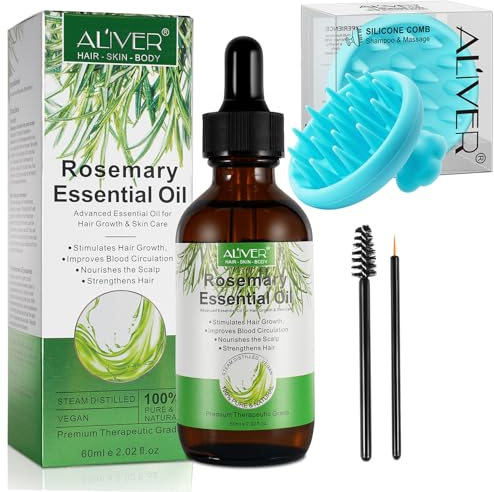 ALIVER Olio di Rosmarino per Capelli con Massaggiatore Cuoio Capelluto, Puro Olio Essenziale di Rosmarino per Capelli, Ciglia, Sopracciglia, Viso, Cura della Pelle, Massaggio del Corpo, 60ml