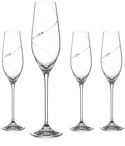 DIAMANTE Champagne Flutes Prosecco Glasses Set of 4 - ‘Silhouette’ Hand Cut Design with Swarovski Crystals