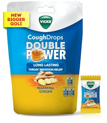 Vicks Cough Drops Double Power New & Improved, Bigger Drops with 2X Fast Relief from Throat Irritation & Cough, Warming Ginger Flavor Total 100 Drops