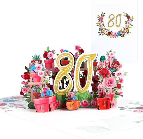 Pop-Up-Karte zum 80. Jahrestag, Geburtstagskarte, Karte zum 80. Hochzeitstag, Blume Pop Up Grußkarten, 3D Pop Up Karte Geburtstag Grußkarte für Frauen Mütter Ehefrau Männer Freunde
